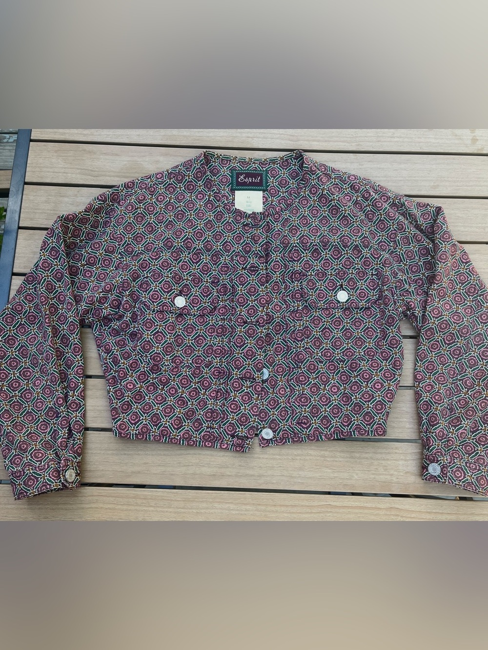 RARE Esprit Cropped Geometric Print Jean Jacket in Purple and Green